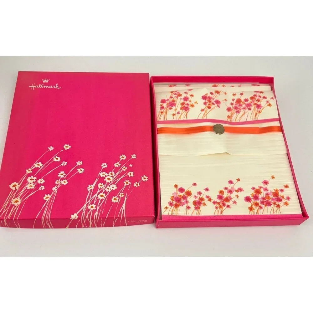 Vintage Hallmark Stationery‎ Straw Flowers Pink White New Unused 1970s